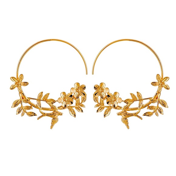 lolas_boutique_ Jewelry - 18k gold bird sparrow wreath earrings hoops flower